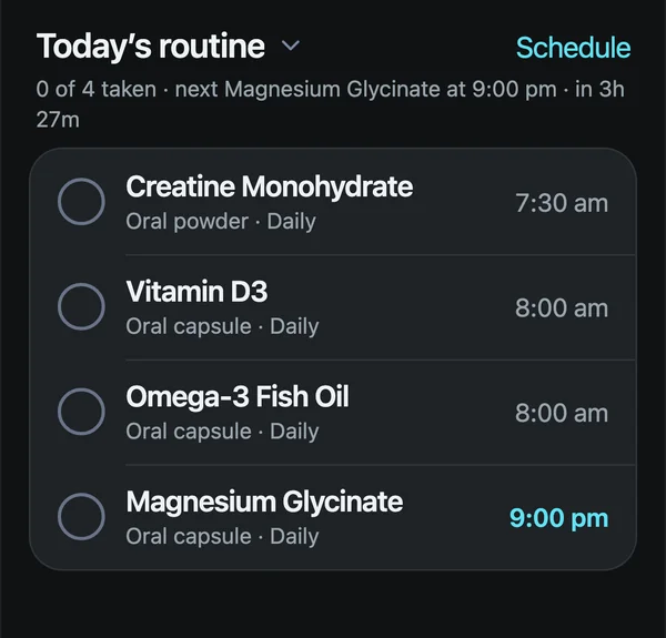 Biohack Tracker today's routine with one-tap Mark taken