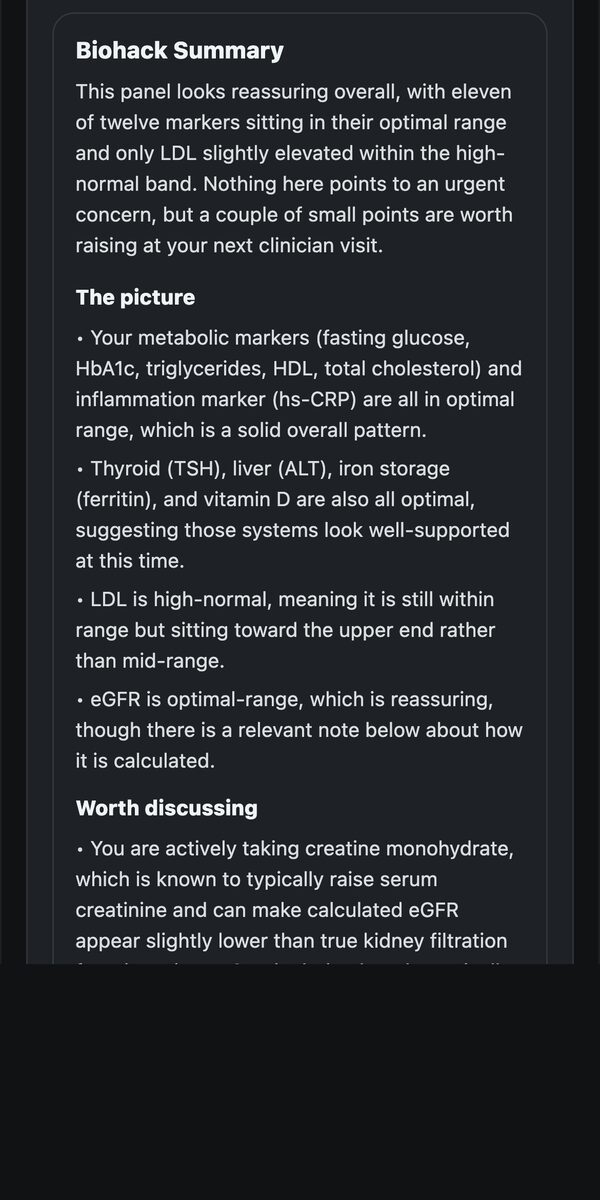 Biohack analysis summary of a full blood panel