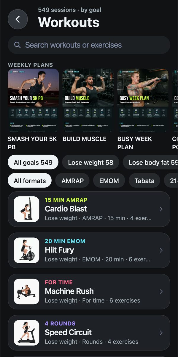 Workout library with weekly plans and workout formats
