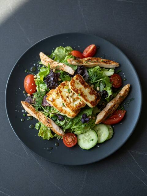 Grilled halloumi & chicken salad